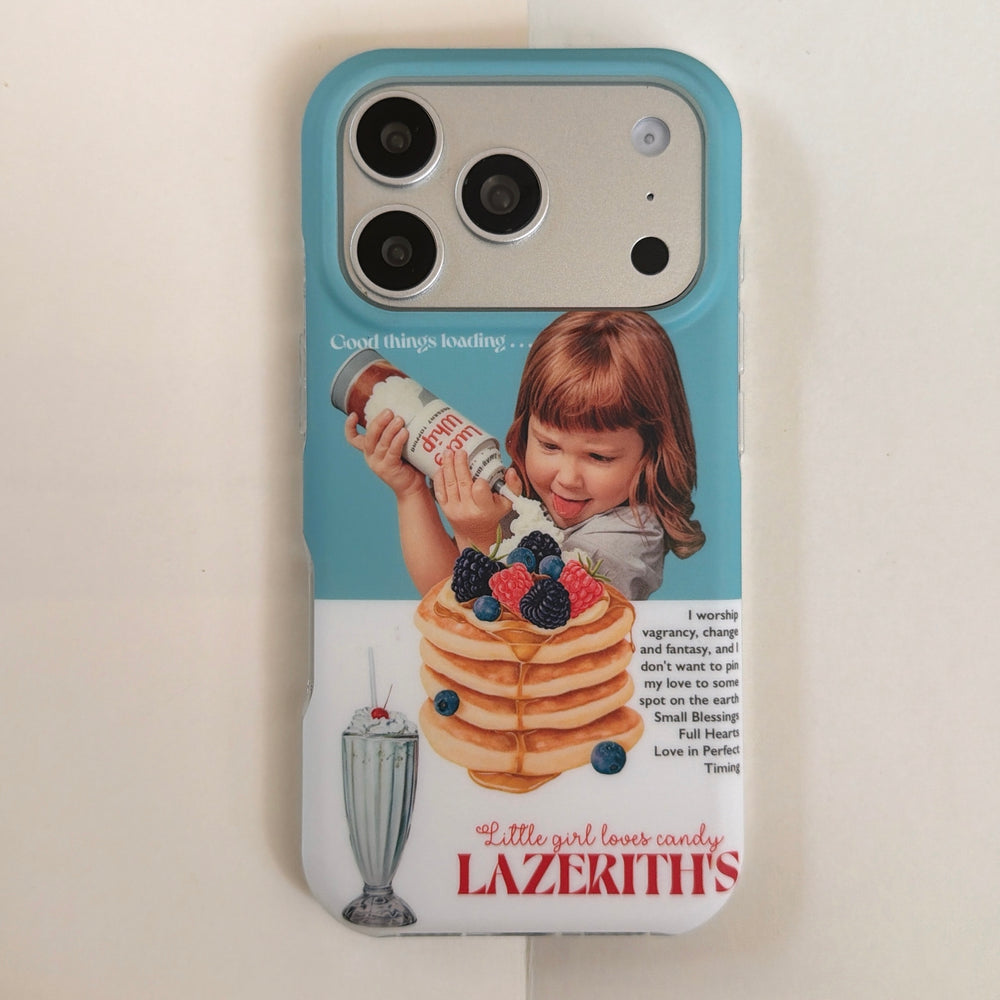 A flat lay front view of a cute retro girl pancakes iPhone case with a blue camera bumper.