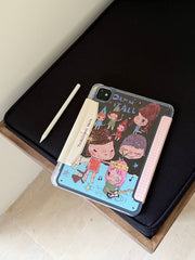 A protective Yoshitomo Nara iPad case with clear printed back, white magnetic buckle, and pink checkered edge resting on a dark cushion next to a white stylus pencil.