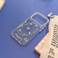 A dark navy blue glitter iPhone case decorated with holographic silver starry sky and flying bird line art, placed on a blue background.