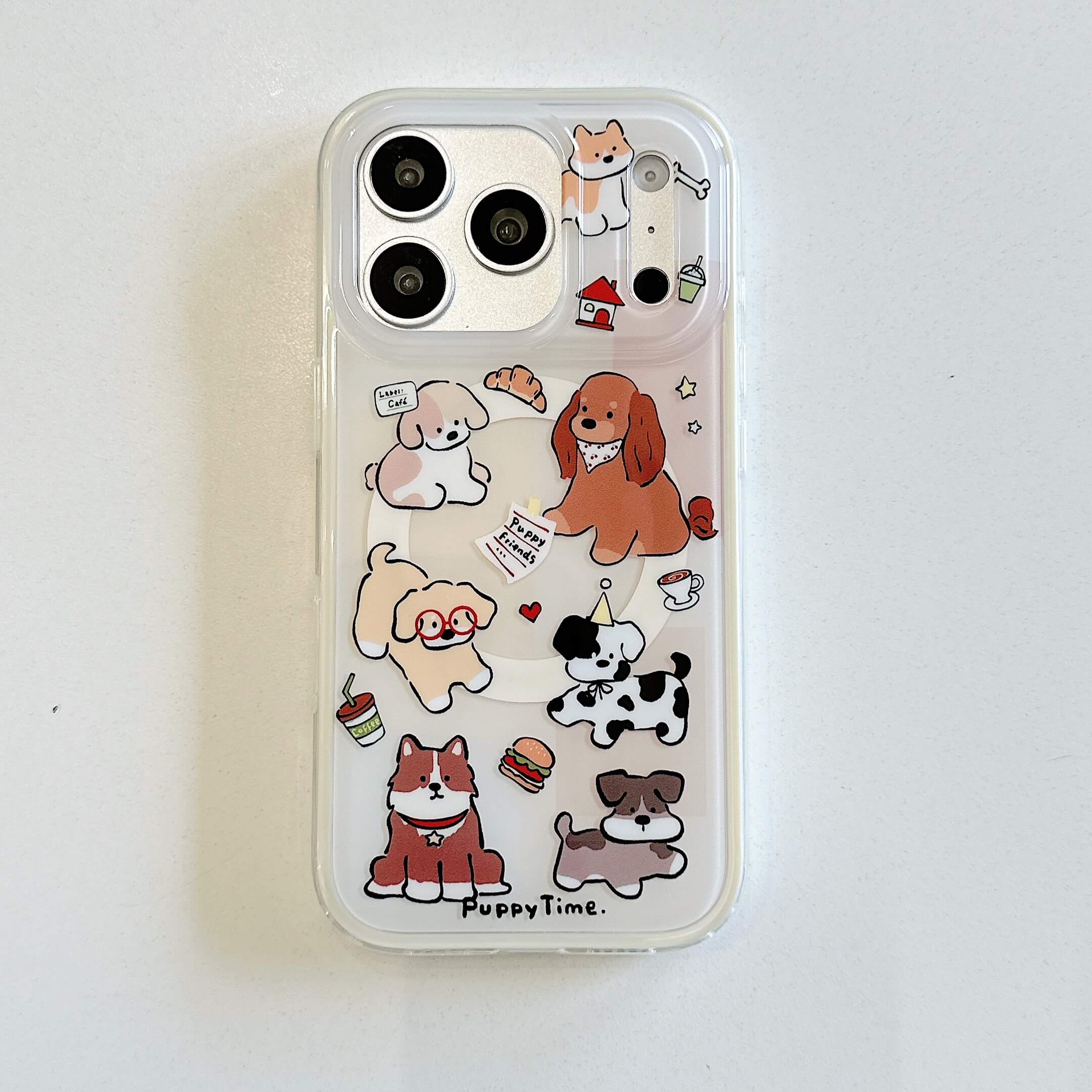 Handheld clear dog iPhone case with a 360-degree rotating puppy phone grip
