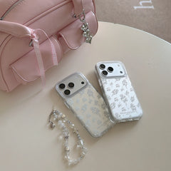Two clear iris sketch phone cases displayed next to a pastel pink coquette aesthetic duffle bag.