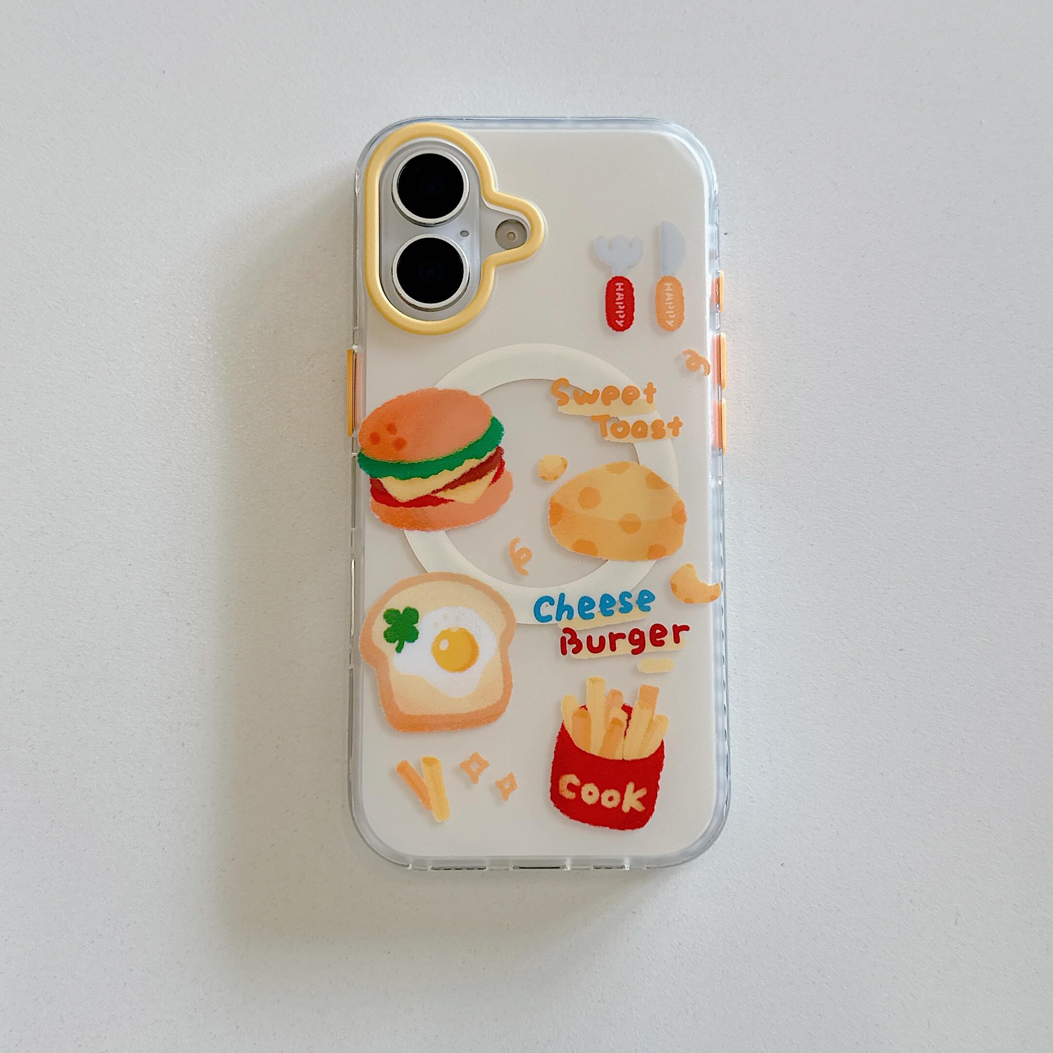Flat lay view of the clear kawaii phone case printed with cheese burger, toast, and french fries.