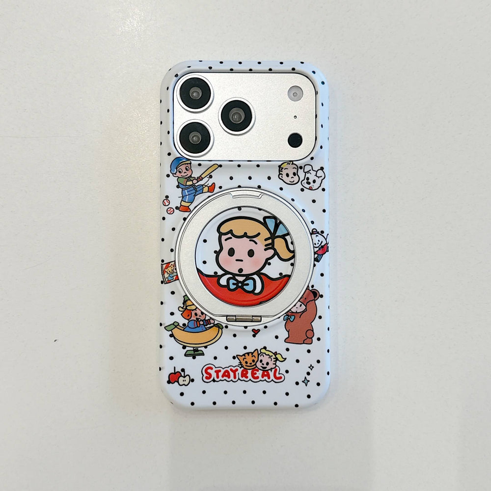 Flat lay photo of the white polka dot anime character phone case with a built-in magnetic ring stand.