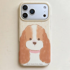 Front product view of a cream iPhone case with a long-eared fluffy puppy.
