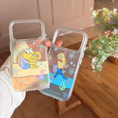 A hand holding two clear phone cases featuring funny cartoon background fish characters in orange and blue.