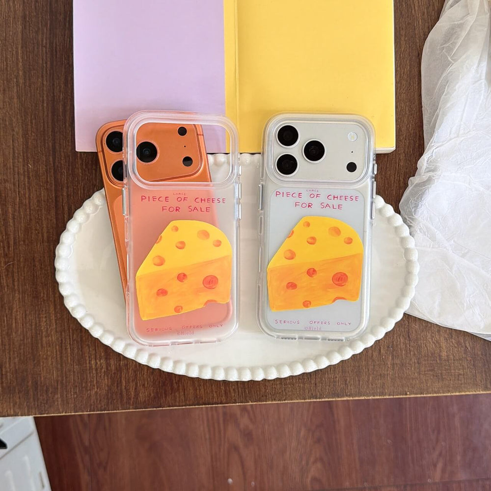 Two funny cheese clear iPhone cases on white tray