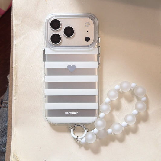 Gray striped heart clear iPhone case with white bead wrist strap