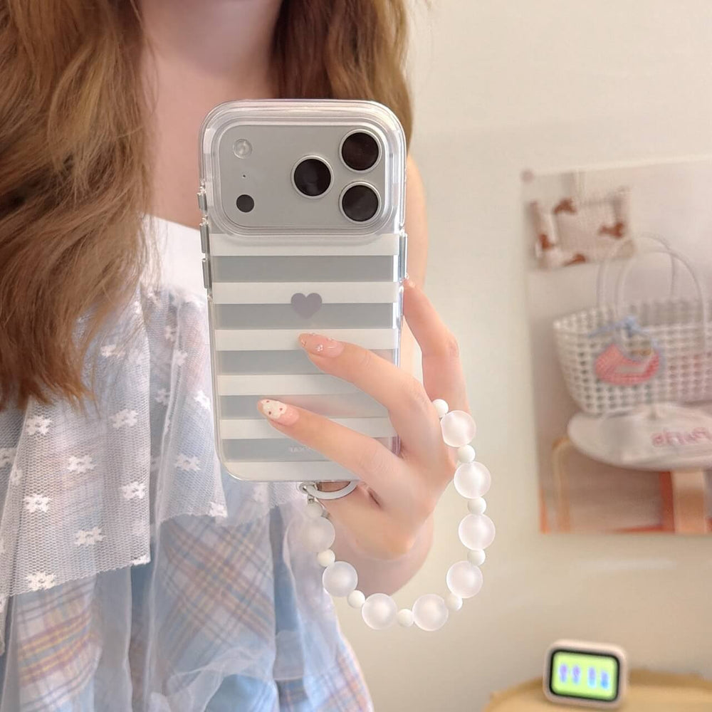 Gray and white striped clear iPhone case with heart and bead wrist strap