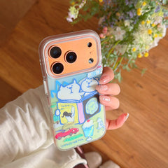 A close-up shot of a girl's hand with bow-knot nail art holding an aesthetic clear case featuring two cartoon cats.