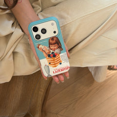 A close-up of a person holding a cute retro pancake graphic iPhone case over beige pants.