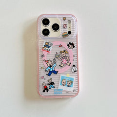 Close-up of a pink heart-shaped cartoon phone grip accessory.