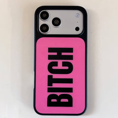 Full vertical back view of a hot pink phone case featuring a bold black typography design