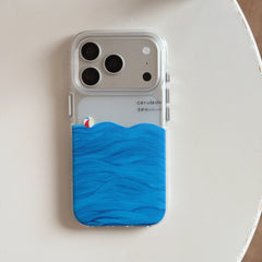 Product shot of an isolated clear phone case with a 3D textured blue ocean wave design on a clean white surface.