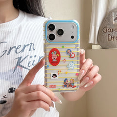 A person wearing a white printed t-shirt holding up a clear yellow striped Osamu Goods phone cover.