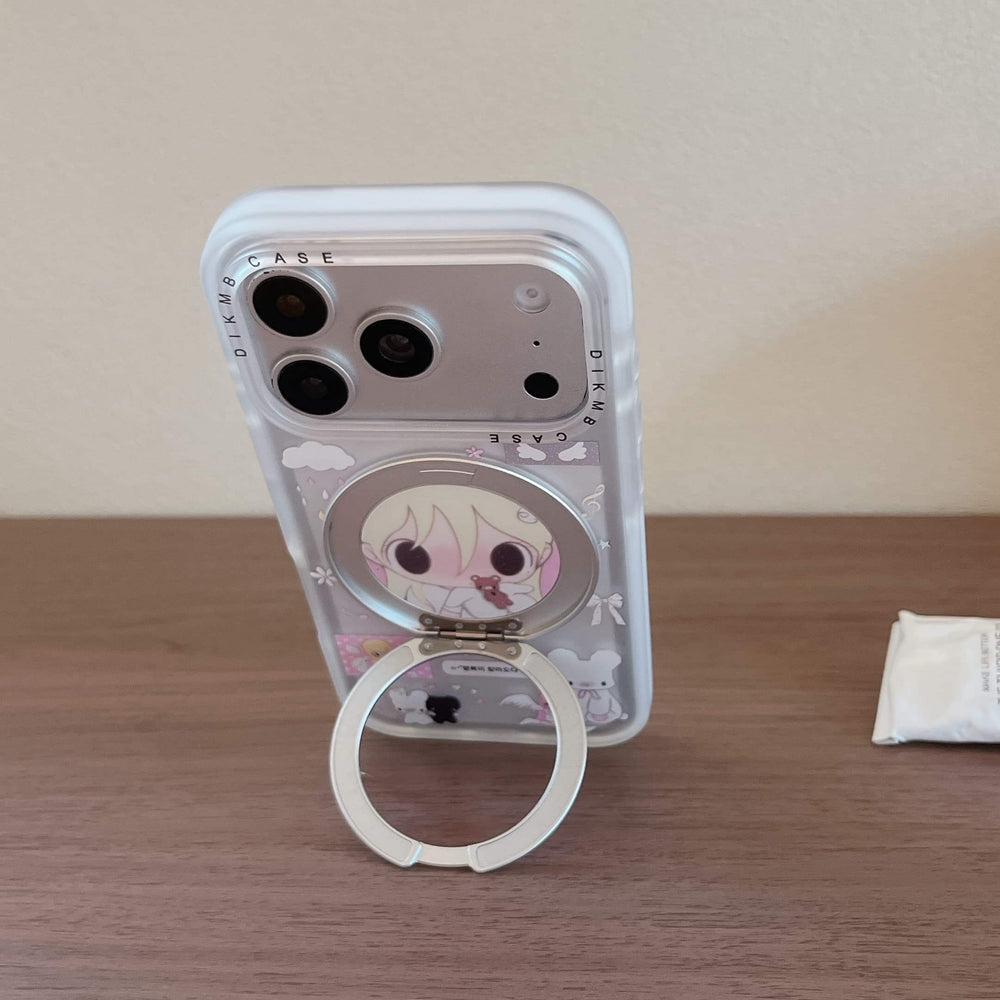 Flat lay back view of a kawaii anime girl iPhone case with clear borders and a closed circular ring stand.
