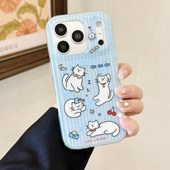 Hand holding a blue striped kawaii cat iPhone case.