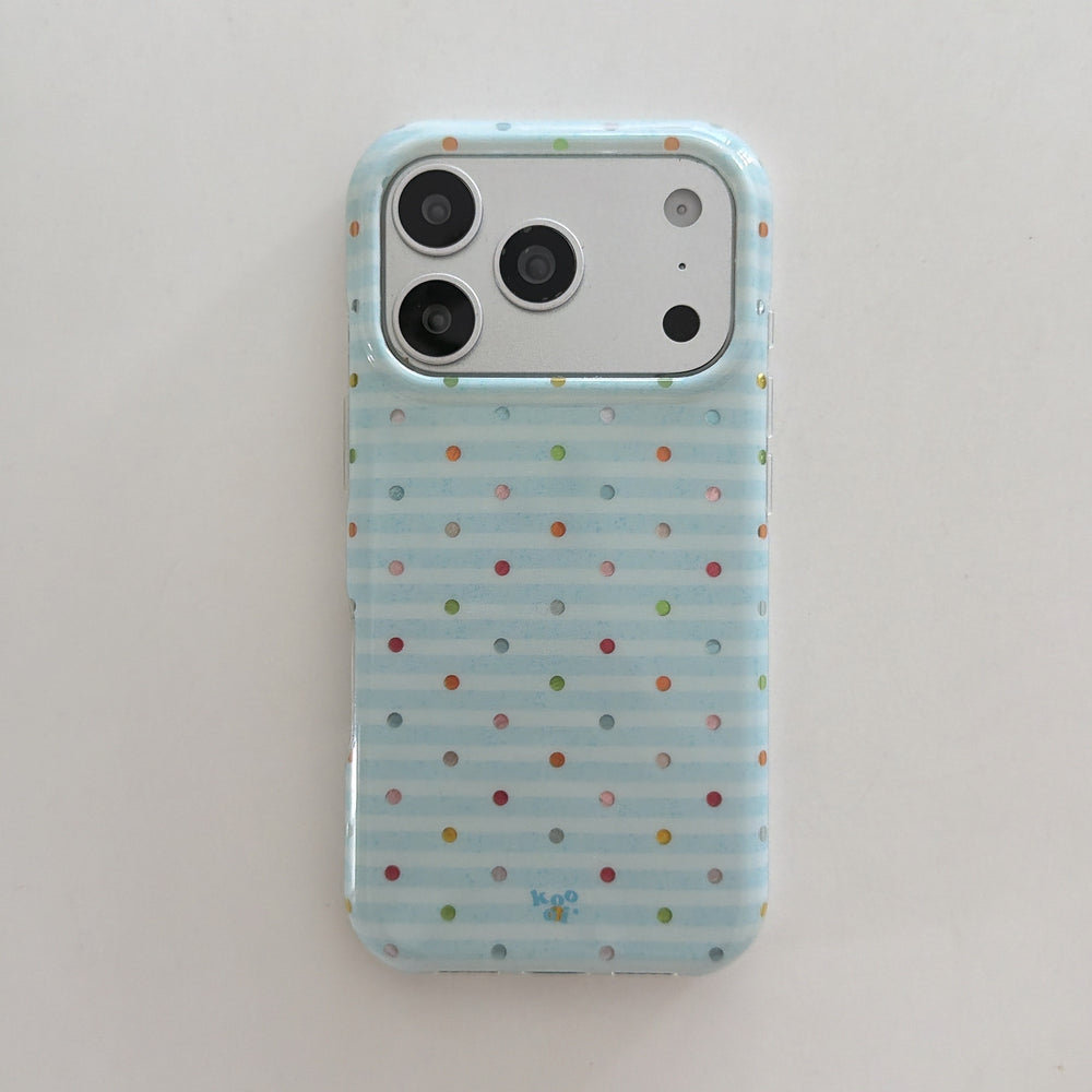 A flat lay back view of a kawaii blue stripe polka dot iPhone case on a plain white background.