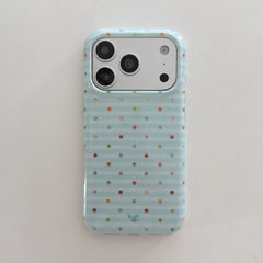 A flat lay back view of a kawaii blue stripe polka dot iPhone case on a plain white background.