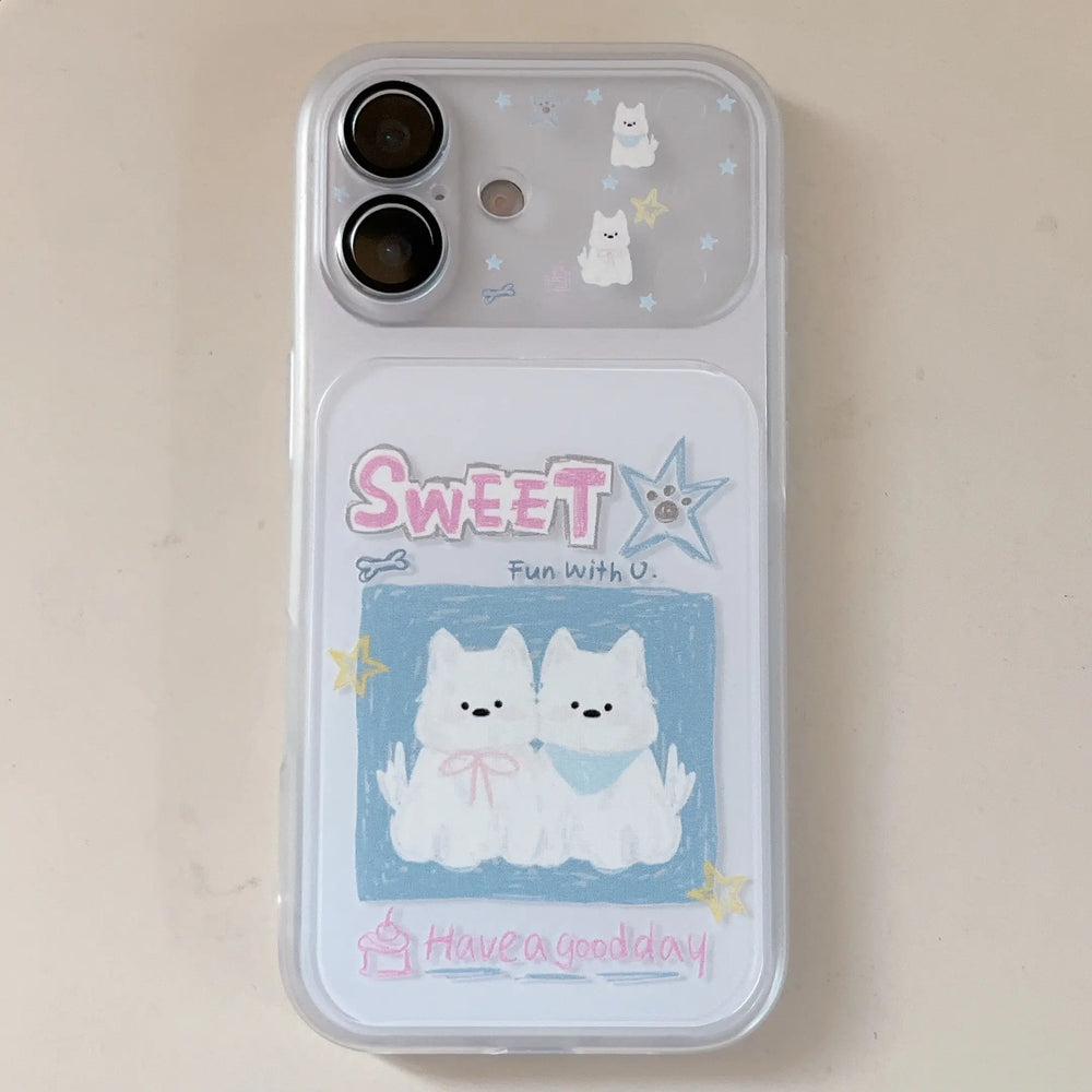 Full back view of a clear kawaii phone case featuring two white cartoon dogs with SWEET text.