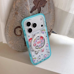 A person with elegant pearl nails holding a kawaii cartoon phone case horizontally.