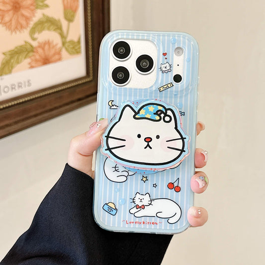 Lifestyle view of a kawaii cat iPhone case with grip stand.
