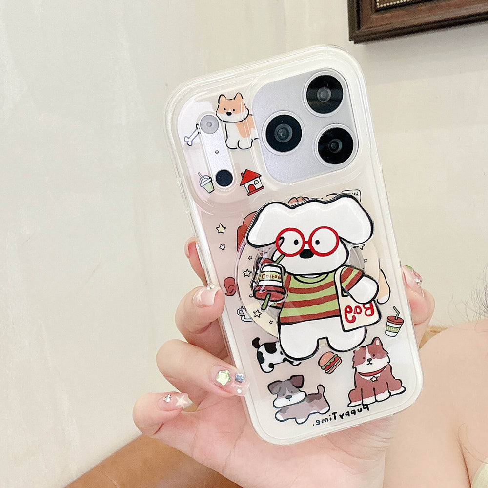Front view of a clear cartoon dog iPhone case with a raised rotating puppy grip.