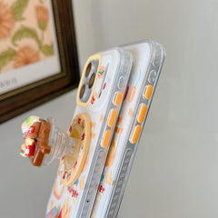 Side profile of two clear phone cases showing orange buttons and an extended 3D miniature food pop grip.