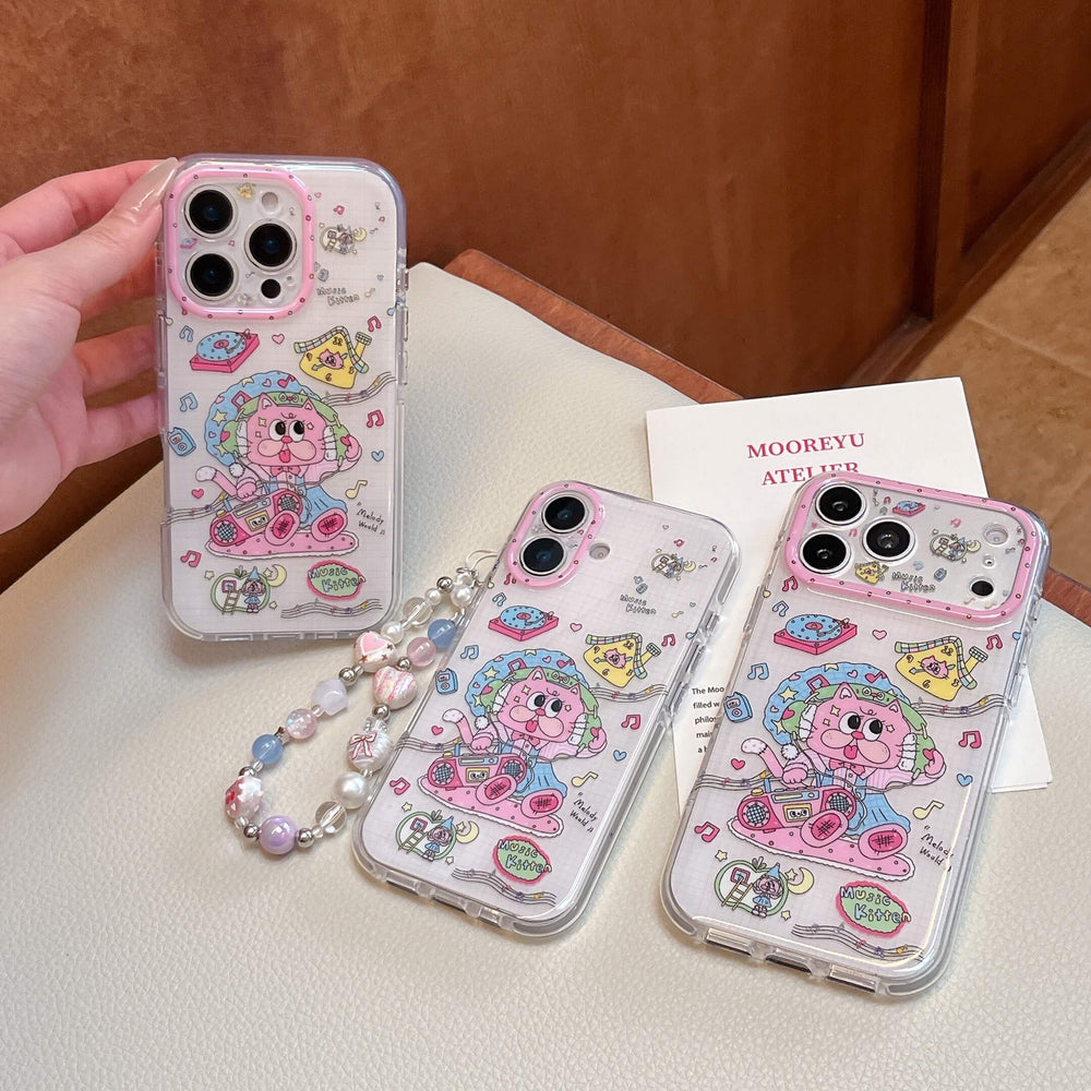 Three kawaii pink music kitten phone cases displayed together, one with a beaded wrist strap.