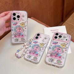 Three kawaii pink music kitten phone cases displayed together, one with a beaded wrist strap.