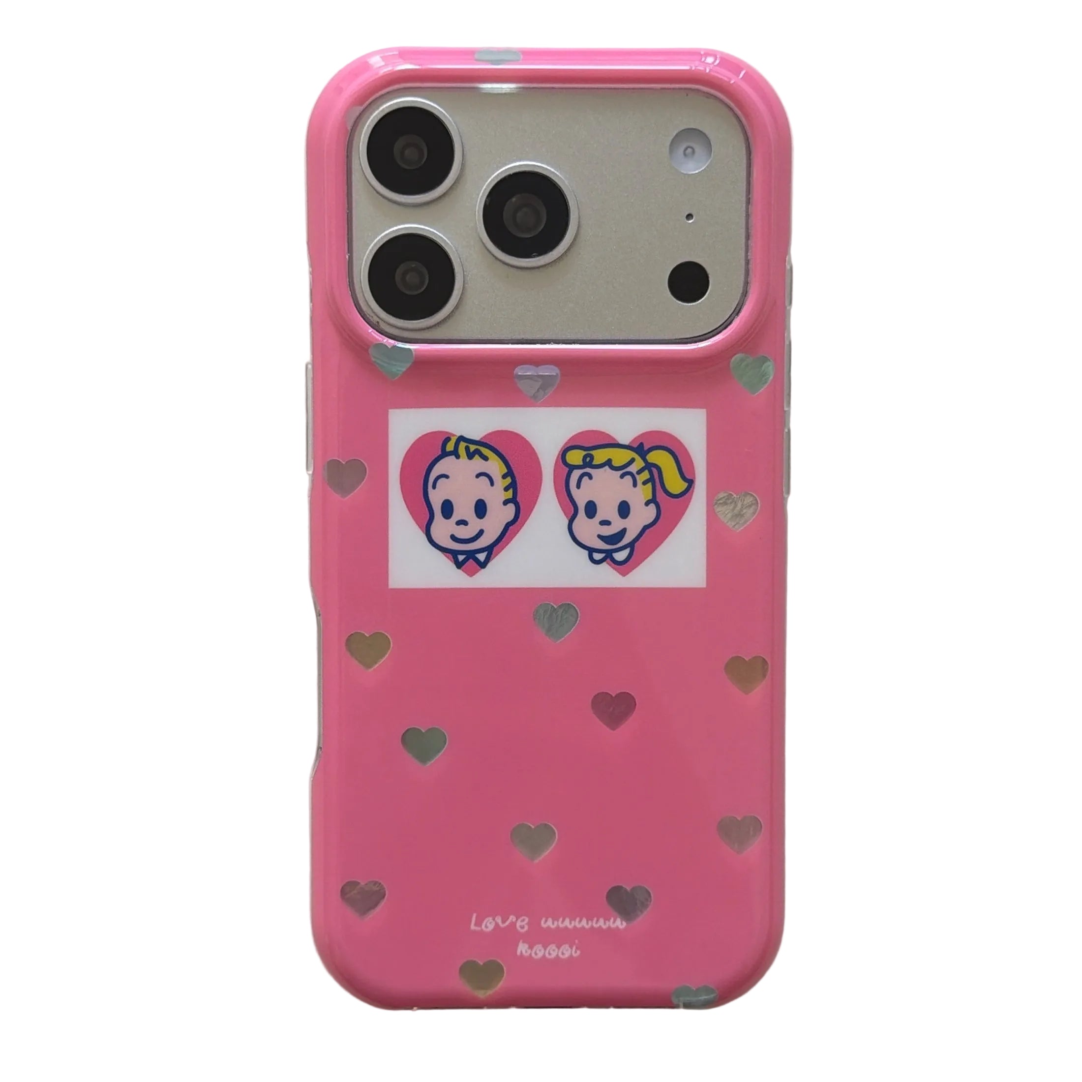 A flat lay view of a kawaii Osamu Goods rose pink heart iPhone case with a matte silver camera plate.