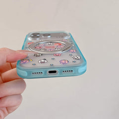 A hand holding a kawaii Osamu style cartoon phone case vertically to show the full back design.