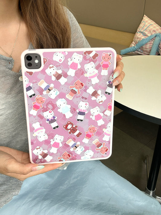 A woman holding a pink Kawaii Sanrio tablet cover vertically, clearly displaying the seamless all-over print of Hello Kitty characters in cute Y2K outfits to the camera.
