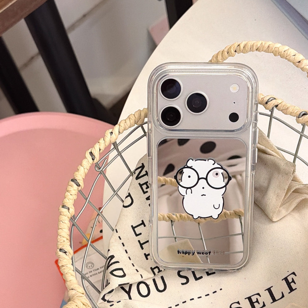 A silver-framed Korean style funny hamster mirror phone case tucked inside a white mesh basket.