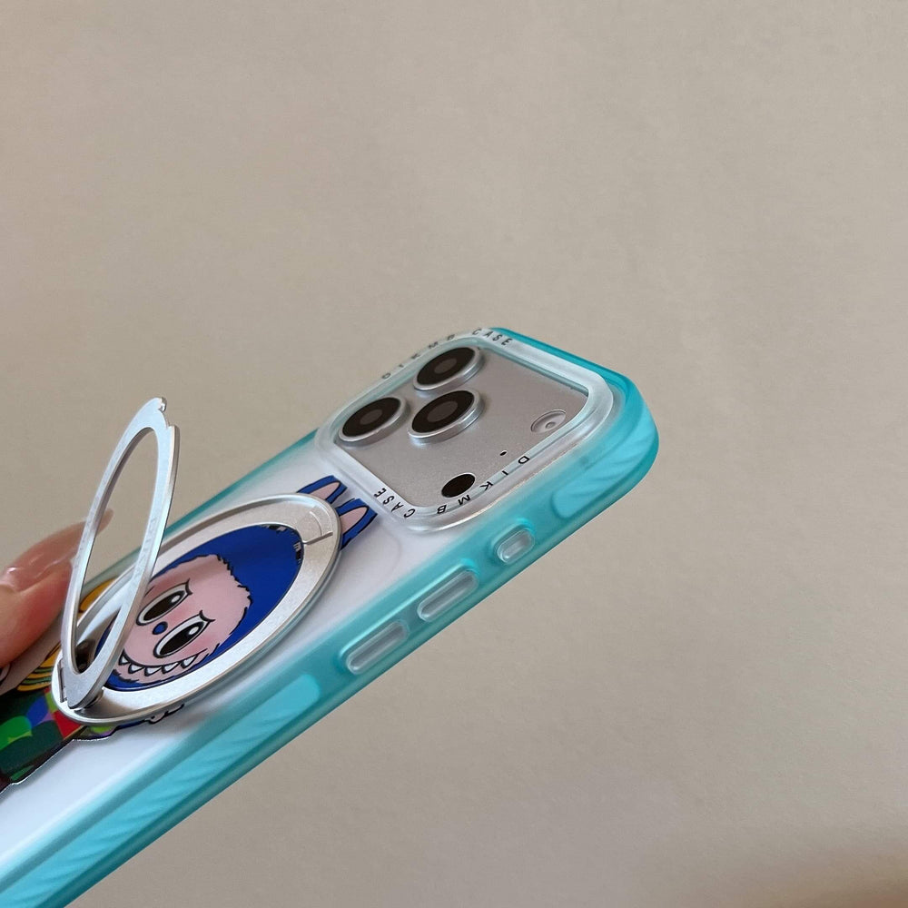 Side view close-up of a Labubu phone case showing an extended silver metal ring stand and clear blue frame.