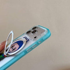 Side view close-up of a Labubu phone case showing an extended silver metal ring stand and clear blue frame.