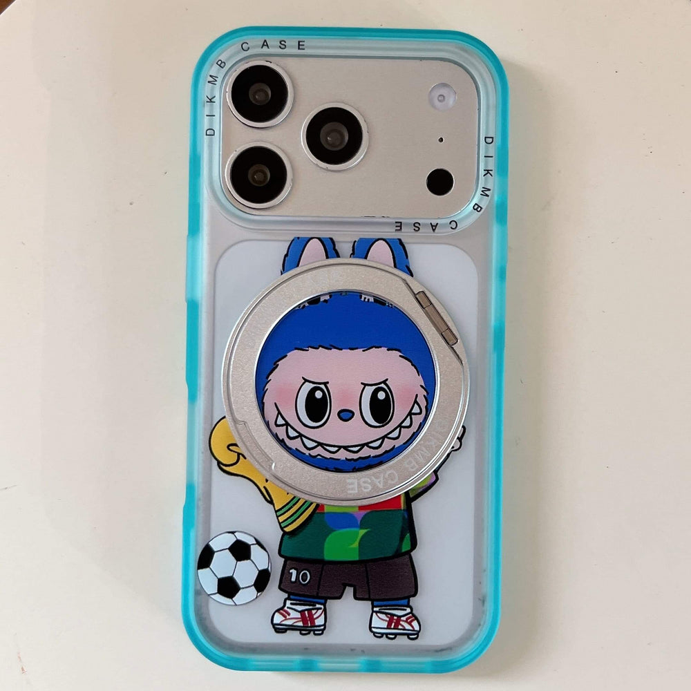 Full flat back view of a cute Labubu soccer trophy design phone case with a closed ring stand.