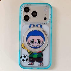 Full flat back view of a cute Labubu soccer trophy design phone case with a closed ring stand.