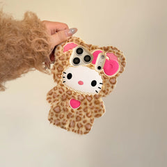 Leopard kitty plush iPhone case with a pink bow against a neutral background