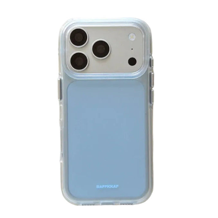 Light blue pastel iPhone case with a clear shockproof bumper and matte backplate by BAFFKKAF.