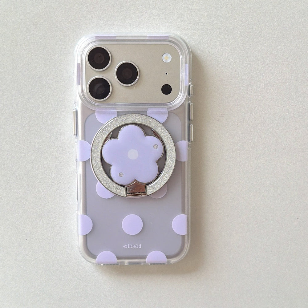 Purple polka dot magnetic flower stand iPhone case front view