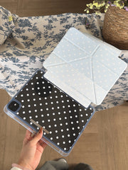 An open view of a magnetic detachable polka dot iPad cover showing the detached light blue front flap and clear back shell.