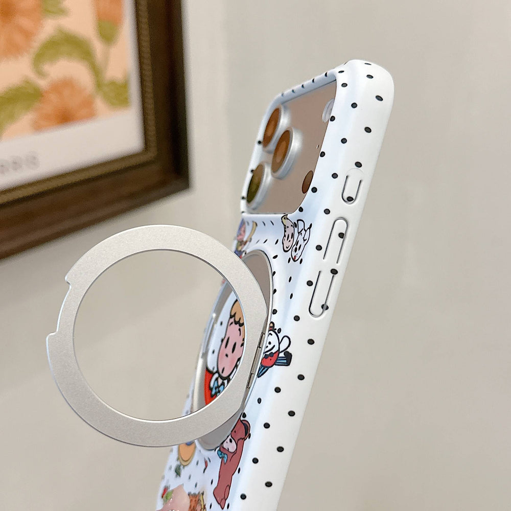 Side profile view of the polka dot cartoon phone case with its metal magnetic ring stand flipped open.