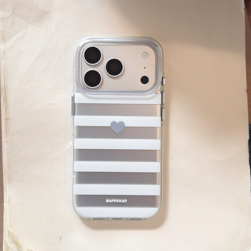 Minimalist gray stripe clear iPhone case with small heart accent