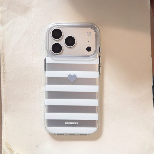 Minimalist gray stripe clear iPhone case with small heart accent