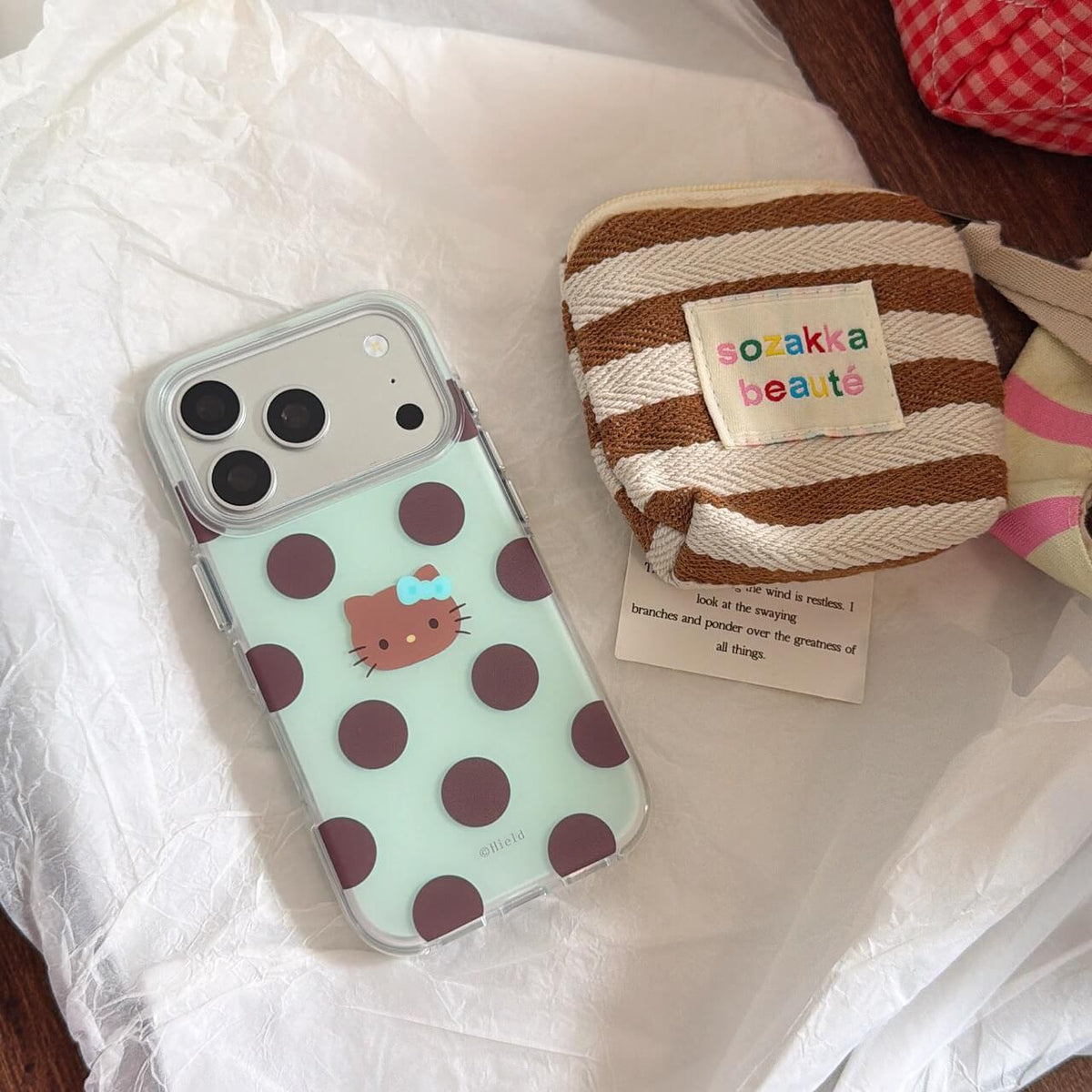 Mint brown polka dot kitty iPhone case styled with striped pouch
