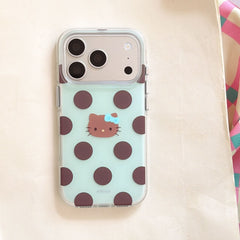Mint chocolate polka dot kitty iPhone case on white background