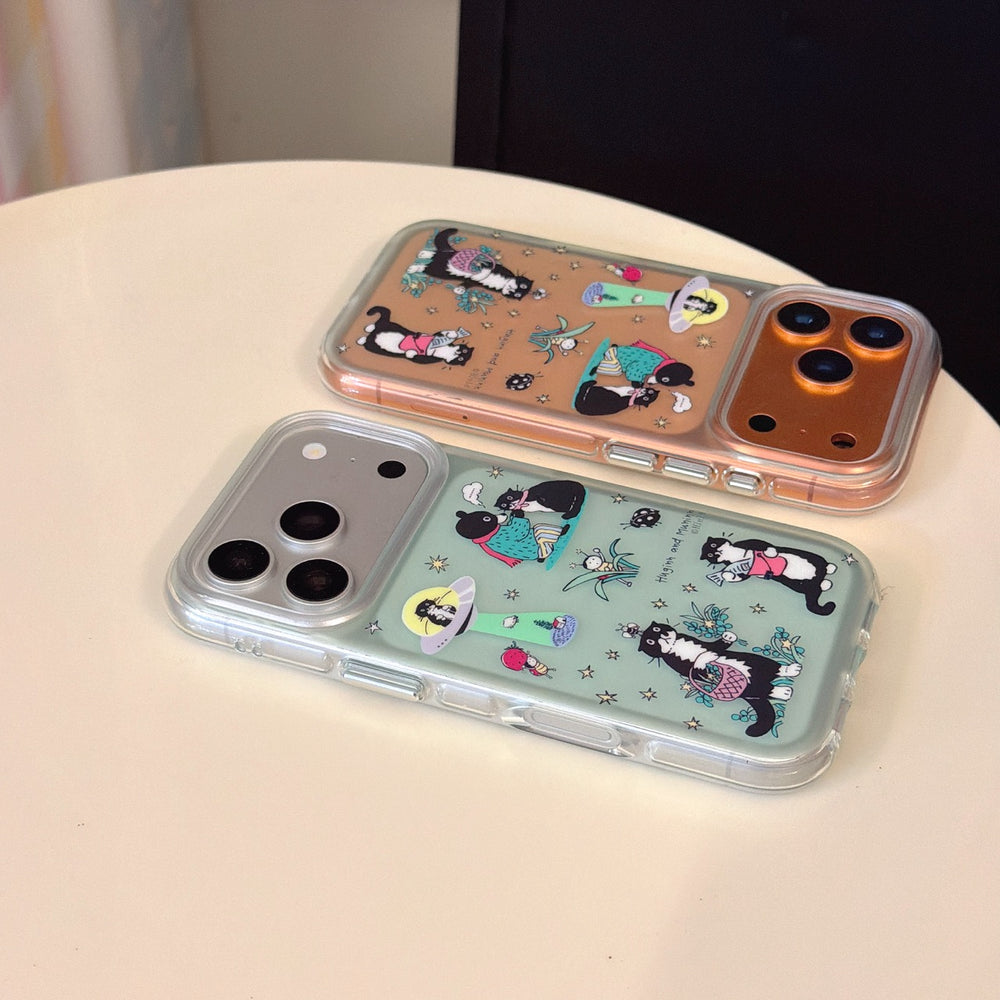 Two aesthetic mirror iPhone cases in mint green and vibrant orange showcasing unique cartoon cat art side by side.