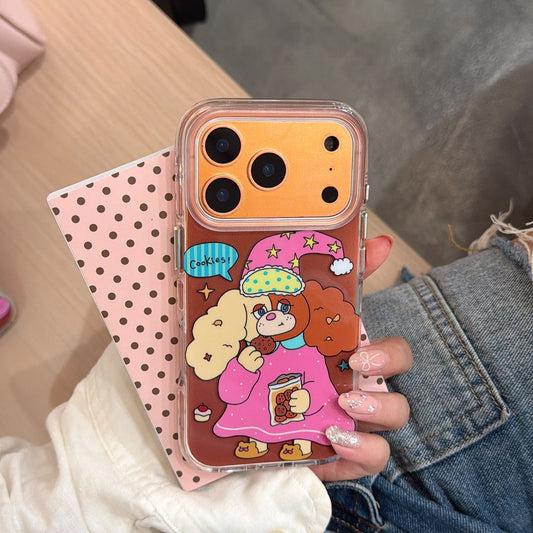 A close-up of a hand holding the orange metallic camera frame cartoon dog case against a pink polka dot card.