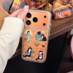 A hand holding the vivid orange variant of the Y2K mirror iPhone case decorated with whimsical UFO alien cat illustration.