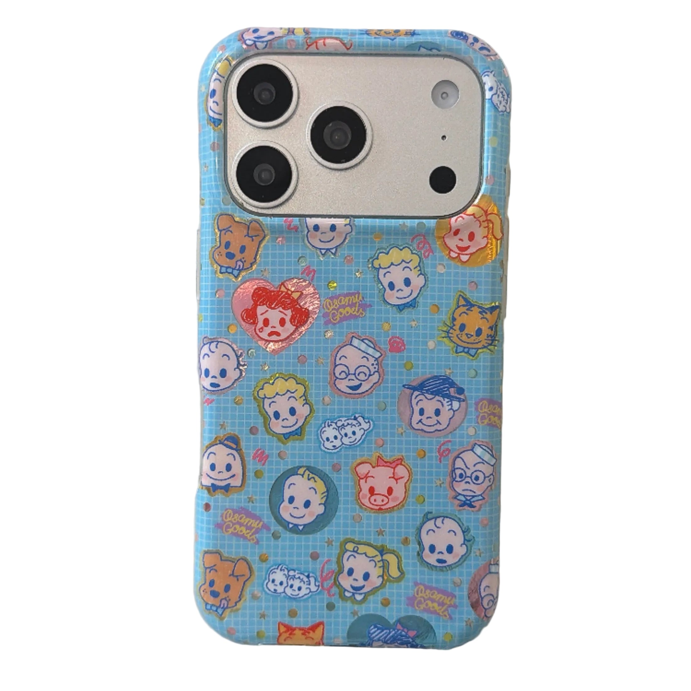A flat lay view of an Osamu Goods blue checkered phone case showcasing the matte silver camera protective module.